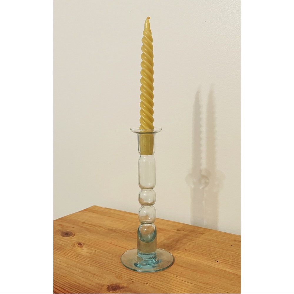 teal glass candlestick / bud vase